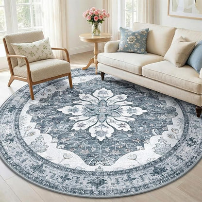 RELEANY Area Rugs Round 6ft Washable Non-Slip, Floral Vintage Distress Medallion Carpet for Living Room Bedroom Dining Room, Light Gray Grey White