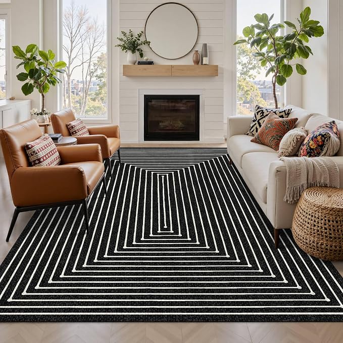 Latte&Fog 5x7 Area Rugs for Living Room Bedroom, Modern Abstract Washable Rug, Boho Non Slip Low Pile Carpet for Indoor Dining Room, Office, Dorm, Classroom, Farmhouse and Kids Room - Indigo Black