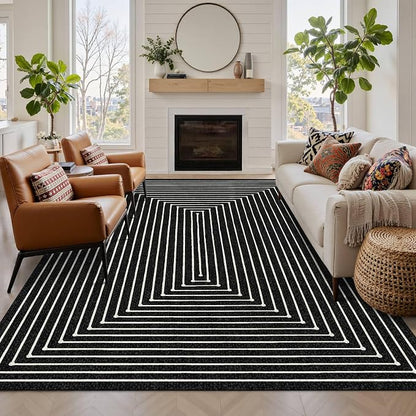 Latte&Fog 5x7 Area Rugs for Living Room Bedroom, Modern Abstract Washable Rug, Boho Non Slip Low Pile Carpet for Indoor Dining Room, Office, Dorm, Classroom, Farmhouse and Kids Room - Indigo Black