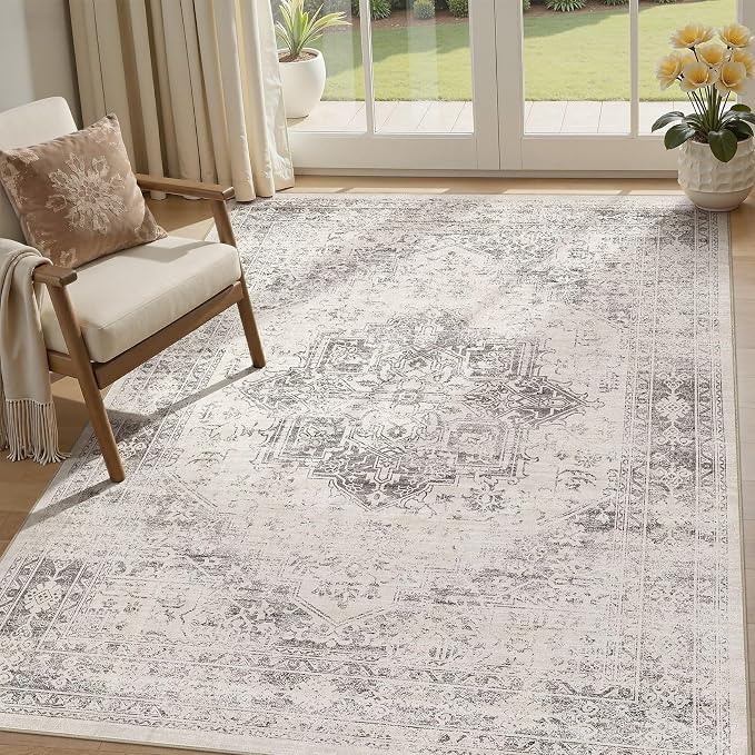UERMEI 5x7 Area Rug Living Room Rugs - Washable Vintage Soft Large Rug Indoor Floor No Slip Rug Carpet for Bedroom Farmhouse Under Dining Table Home Office Decor - Beige/Camel