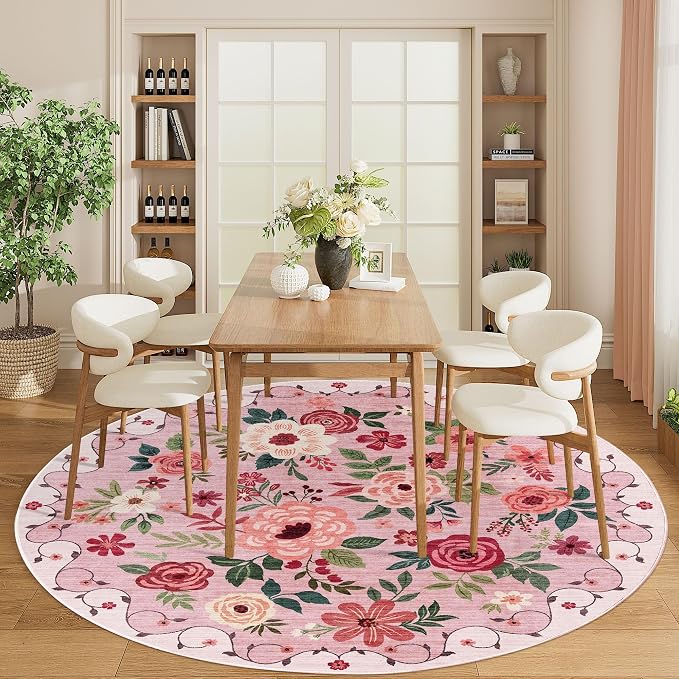 DUKINO Floral Round Rug, 6ft Washable Circle Rug, Non Slip Indoor Low Pile Circle Rug, Soft Small Boho Design Carpet for Bedroom, Entryway, Living Room, Dining Room, Pink