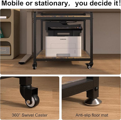 TRUSOON Mobile Printer Stand with Lockable Wheels, 2 Tier Rolling Printer Cart Under Desk with Adjustable Shelf, 23" Hight, Holds up to 200lbs for Home & Office, Rustic Brown