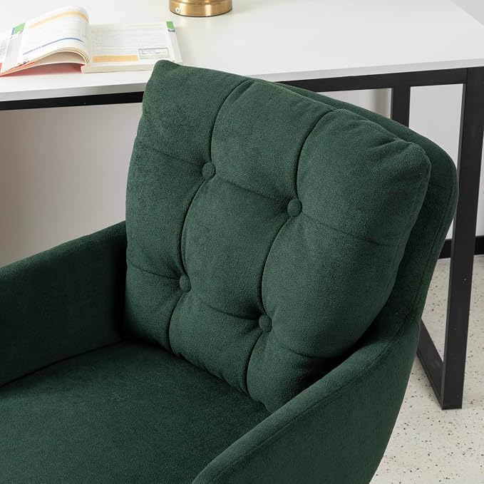 Flannel Office Chair, Comfy Home Office Desk Chairs with Lumbar Support, Modern Velvet Desk Chair Gold Legs Small Swivel Task Chair for Home Office, Bedroom, Study (Green, L)