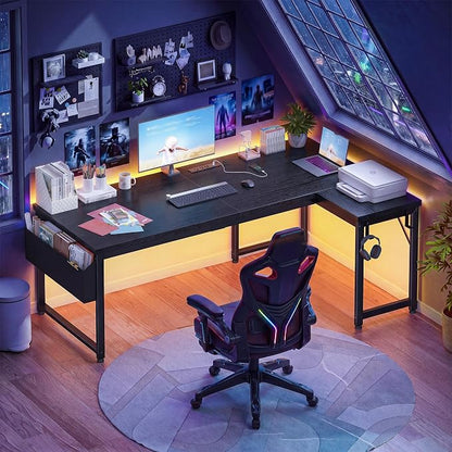 DurayLoly 63" Larger L Shaped Desk for 2 Monitors or 2 Laptops, Reversible Computer Desk with Power Outlets and USB-C Port, Gaming Desk with LED, 0.95" Thicker Office Corner desk for Study, Work Black
