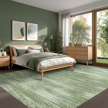 BILEEHOME Olive Green Area Rug 8x10 Washable Non Slip Abstract Modern Farmhouse 8x10 Rug for Living Room Bedroom Dark Green Extra Large Carpet for Dining Room Under Table