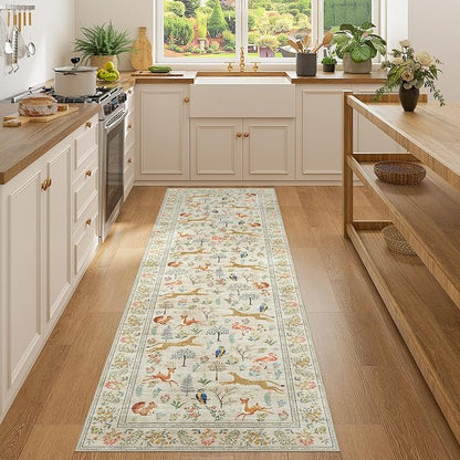 DUKINO Runner Rug, 2x7 Washable Kitchen Rugs for Hallways with Non Slip Backing, Soft Low Pile Vintage Animal Runner for Kitchen, Hallway, Entryway, Laundry, Bedroom, Beige