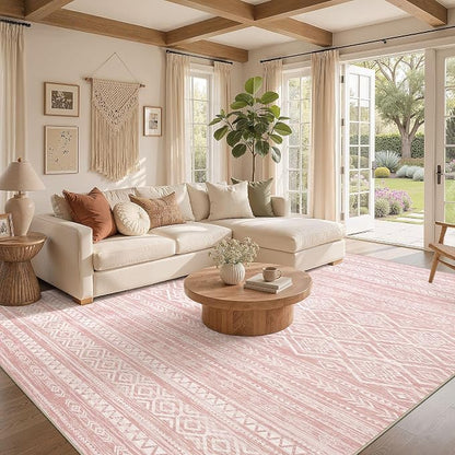 Nakagishi Area Rug Living Room Rugs: 7x9 Large Soft Machine Washable Boho Moroccan FarmNeutral Stain Resistant Indoor Floor Carpet for Bedroom Under Dining Table Home Office Decor-Pink