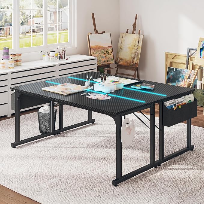 DurayLoly 63" Gaming Desk with LED Lights,Computer Desk with Storage Bag for Home Office, Long Desk with Headphone Hook for Study Writing Work Wood Desk,Sturdy Metal Frame,Bedroom,Black