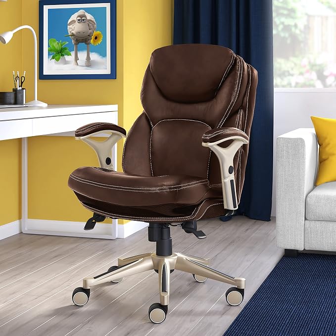 Serta Claremont Executive Office Chair with Back-In-Motion Technology, Ergonomic Mid-Back with Pivot Lumbar Support and Seat, Plush Cushion, Body Pillows, Adjustable Arms, Bonded Leather, Brown