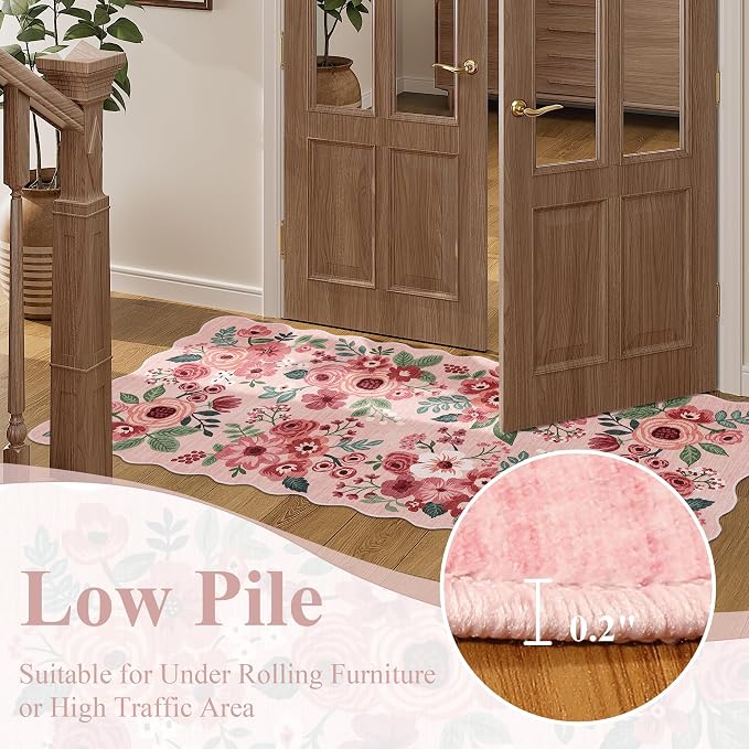 DUKINO Washable 2.6x12 Runner Rug for Hallway, Non Slip Floral Washable Kitchen Rug with Low Pile Design, Boho Stain Resistant Floor Carpet Runner for Entryway, Bathroom, Laundry, Bedroom, Pink