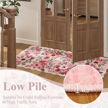 DUKINO 2x6 Runner Rug for Hallway, Washable Kitchen Rug with Non Slip Backing & Non-Shediing, Soft Low Pile Floral Design Runner for Bedroom, Kithchen, Living Room, Laundry, Bathroom, Pink