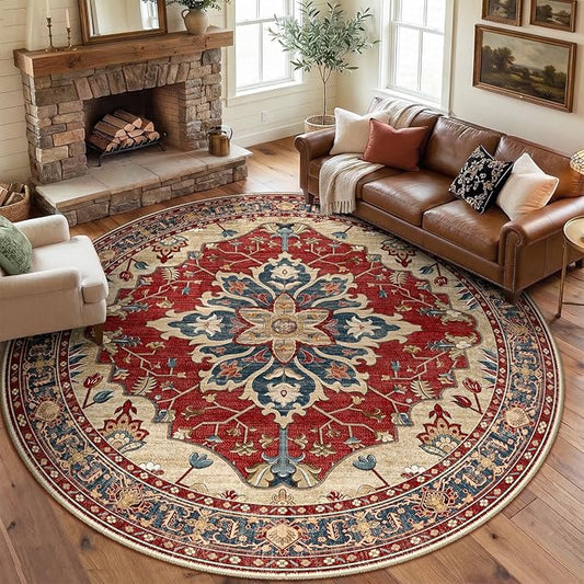 RELEANY Area Rugs Round 8ft Washable Non-Slip, Floral Vintage Distress Medallion Carpet for Living Room Bedroom Dining Room, Red Blue