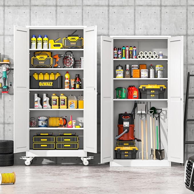 winiowa 75" Tall Metal Garage Storage Cabinet with Wheels, Steel Locking Rolling Tool Cabinet with 5 Adjustable Shelves for Garage,Home,Office (White)