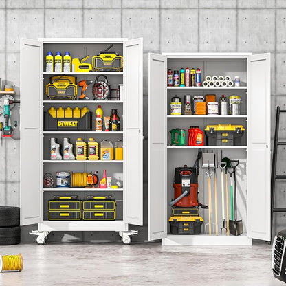 winiowa 75" Tall Metal Garage Storage Cabinet with Wheels, Steel Locking Rolling Tool Cabinet with 5 Adjustable Shelves for Garage,Home,Office (White)
