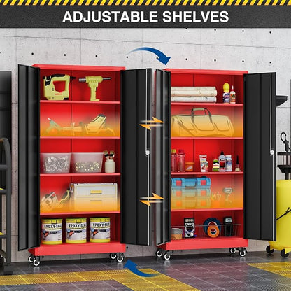 Fesbos Metal Rolling Storage Cabinet-74.6” Tall Steel File Cabinets with Wheels Lockable Doors and Adjustable Shelves-Black & Red Steel Storage Cabinet for Home, School, Office, Garage