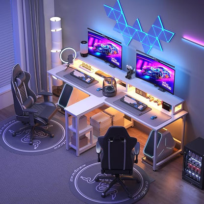Mexin Double Desk for Two People - 83.7 Inch 2 Person Desk with Storage Shelves and Power Outlets, Home Office Desk with Monitor Stand, Long Gaming Desk, Large Workstation, White