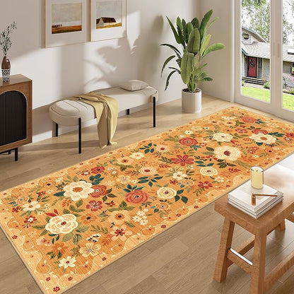 DUKINO 3x8 Runner Rug, Washable Rug for Kitchen with Non Slip Backing, Soft Non Shedding & Low Pile Design Long Floor Carpet Runner for Hallway, Bathroom, Entryway, Laundry, Orange