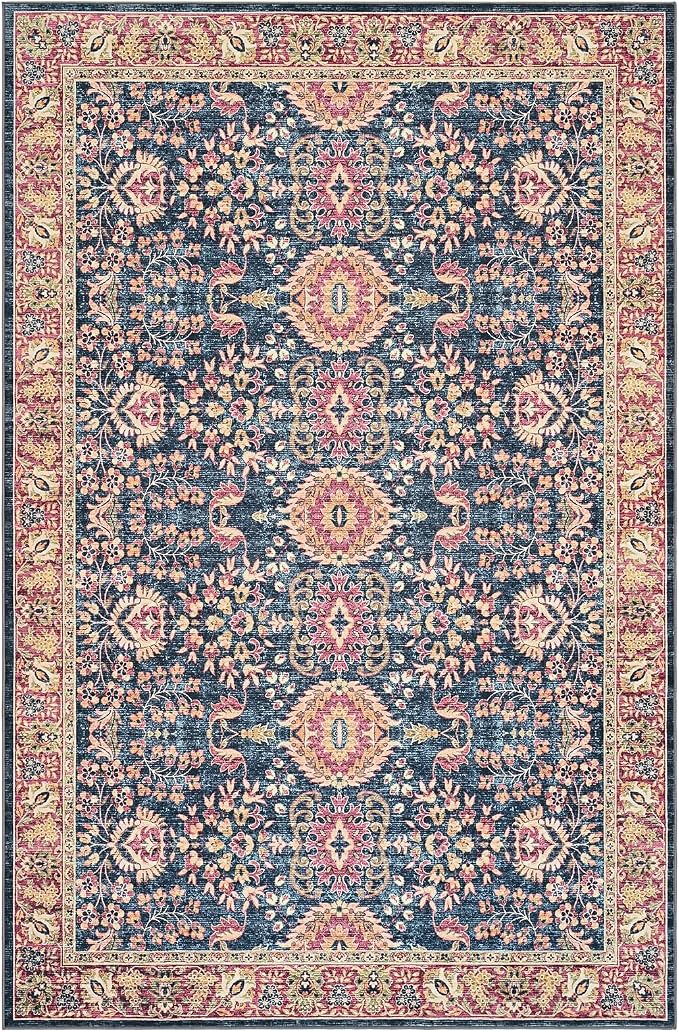 Goideal Washable Rug 8x10, Vintage Area Rugs Non Slip, Indoor Low Pile Carpet with Rubber Backing for Living Room Kitchen Bathroom Entryway Office Bedroom,Deep Navy & Terracotta
