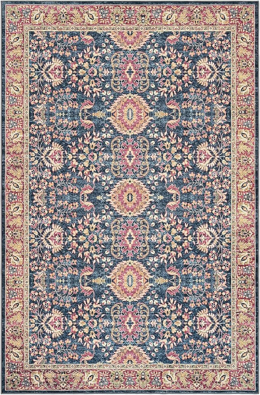 Goideal Washable Rug 2x3, Vintage Area Rugs Non Slip, Indoor Low Pile Carpet with Rubber Backing for Kitchen Bathroom Entryway Office Bedroom,Deep Navy & Terracotta