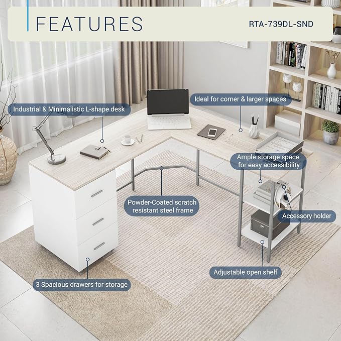Techni Mobili L Shaped Desk - Two-Toned Computer Desk with Drawers & Storage Shelves - Simple Modern Furniture & Home Office Space Corner Table for Work & Writing