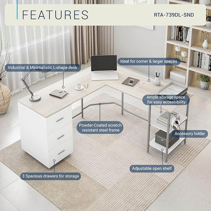 Techni Mobili L Shaped Desk - Two-Toned Computer Desk with Drawers & Storage Shelves - Simple Modern Furniture & Home Office Space Corner Table for Work & Writing