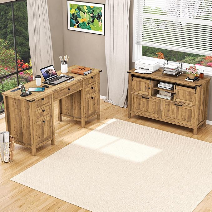 2 Drawer Lateral File Cabinet with Outlets & Charging Station for Files Letter/FC/A4, Farmhouse Filing Cabinets for Home Office Storage, Wooden Print Stand, 46.4" Wide, Rustic Brown