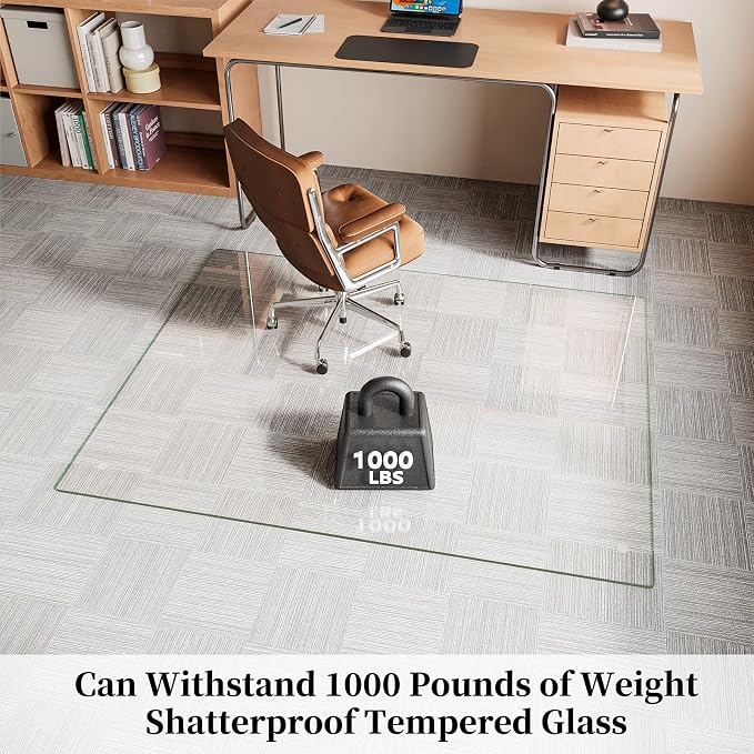Glass Chair Mat 50" x 65" Heavy Duty Tempered Glass Office Chair Mat, Glass Floor Mat with Round Corner and Polished Edge for Smooth Glide, Office Chair Mat for Carpet, Hardwood Floor