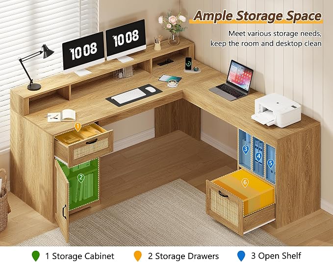 YOMILUVE 63" L Shaped Desk with Drawers, Farmhouse Corner Computer Desk with Power Outlets, Storage Cabinet, Home Office Executive Desk with Long Monitor Stand, Oak/Rattan