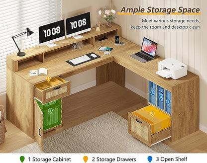 YOMILUVE 63" L Shaped Desk with Drawers, Farmhouse Corner Computer Desk with Power Outlets, Storage Cabinet, Home Office Executive Desk with Long Monitor Stand, Oak/Rattan