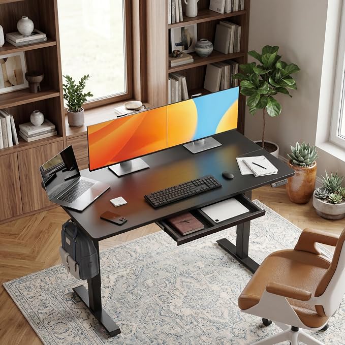 Claiks Electric Height Adjustable Standing Desk with Drawers, 63 x 24 Inch Sit Stand Desk for Home Office, Computer Desk Workstation,Black