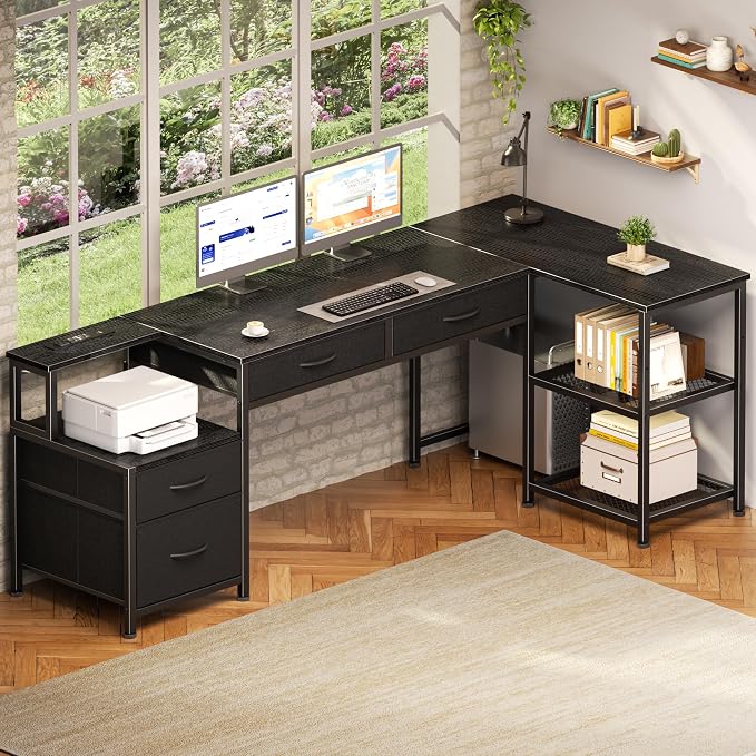 Korfile 65 Inch L Shaped Computer Desk with Power Outlets, Reversible Home Office Desk with 4 Fabric Drawers & 2 Adjustable Mesh Shelves, Corner Study Work Desk with Larger Storage, Black