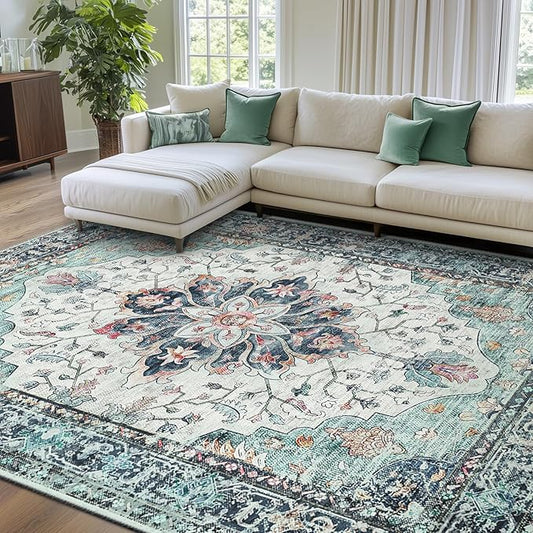 RELEANY Area Rugs 7'x9' Washable Non-Slip, Floral Vintage Distress Medallion Carpet for Living Room Bedroom Dining Room, Green Navy Blue White Red Teal