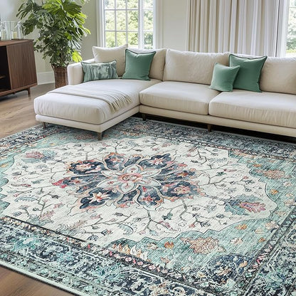 RELEANY Area Rugs 8'x10' Washable Non-Slip, Floral Vintage Distress Medallion Carpet for Living Room Bedroom Dining Room, Green Navy Blue White Red Teal