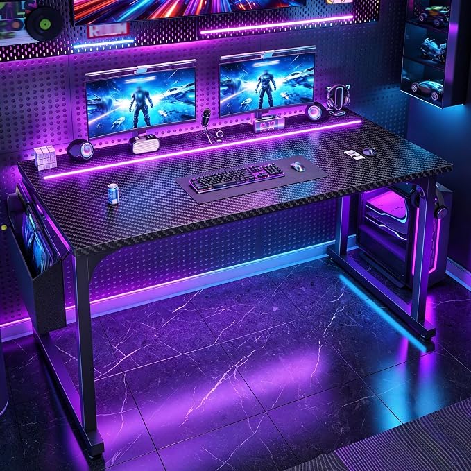 DurayLoly 40" Gaming Desk with Waterproof LED Lights, Carbon Fiber Desktop for Small Spaces | Home Office Study Computer Desk with Storage Bag & Headphone Hook, Black