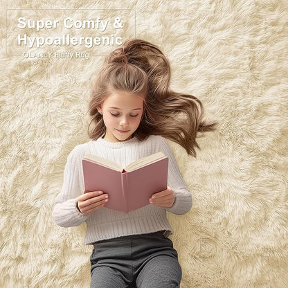 OLANLY 9x12 Machine Washable Large Area Rugs for Living Room, Bedroom, Soft Fluffy Shaggy Bedside Rug, Indoor Floor Carpet for Kids Girls and Boys, Dorms, Nursery, Home Decor Aesthetic, Cream