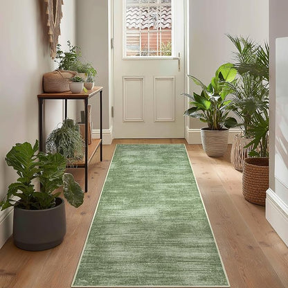 BILEEHOME Olive Green Rug Runners for Hallways Non Slip Washable Neutral Abstract Minimalist Low Pile Floor Protector Carpet Hunter Green 3x8 Runner Rug for Laundry Room Kitchen