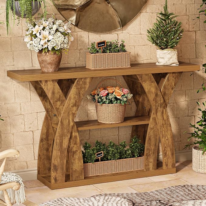 55 inch Sofa Table Behind Couch, 3-Tier Narrow Entryway Table with Storage, Wood Grain X-Shaped Console Tables for Living Room, Hallway, Foyer, Home Office