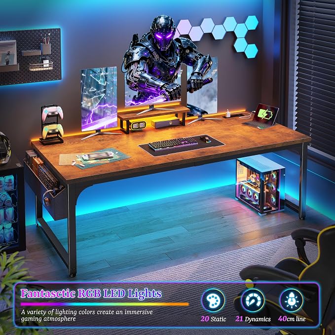 DurayLoly 55 x 24 inch Desk, 24mm Thick Heavy Duty Computer Desk with RGB LED & Power Outlets, Gaming Desk with Detachable Stand, 150LBS Load Capacity, Work Gaming Desk for Home Office, Brown