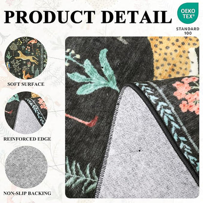 DUKINO 9x12 Rug, Washable Animal Living Room Rug with Non Slip Vintage Design, Soft Low Pile Large Carpet for Bedroom, Nursery, Dining Room, Farmhouse, Playroom, Black