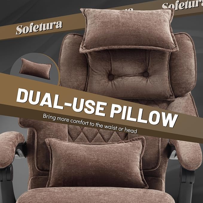 Office Chair with Foot Rest,3D Kneading Massage & Heat Executive Office Chairs for Heavy People,500LBS Big and Tall Office Chair,Ergonomic Reclining Desk Chair,Dual-Use Pillow,Home Office,BrownCloth
