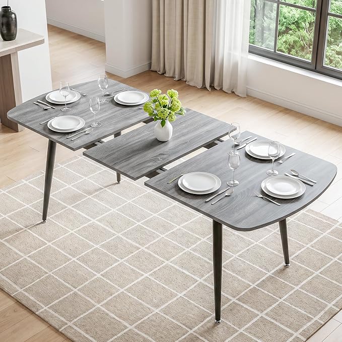 HIPIHOM 7-Piece Extendable Dining Table Set for 6, 55.1" to 70.87" Expandable Kitchen Table with 6 PU Leather Dining Chairs, Modern Wood Grain Top Furniture Set for Dining Room, Grey