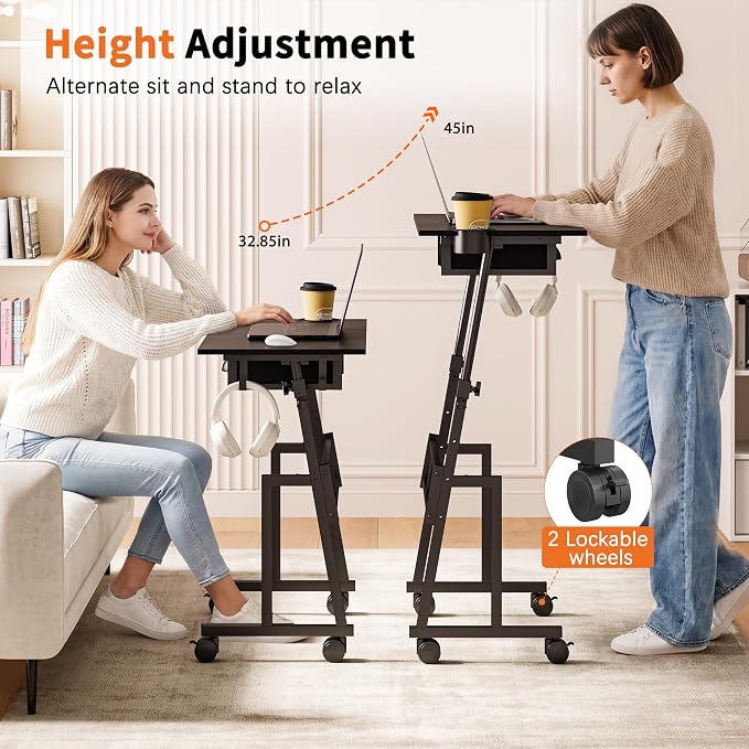 Adjustable Height Standing Desk with Drawer, Rolling Sit to Stand Up Desk with Wheels Height 31.5"-43.3" Small Mobile Laptop Standing Desk for Treadmill Walking Pad, Movable Classroom Podium (Black)