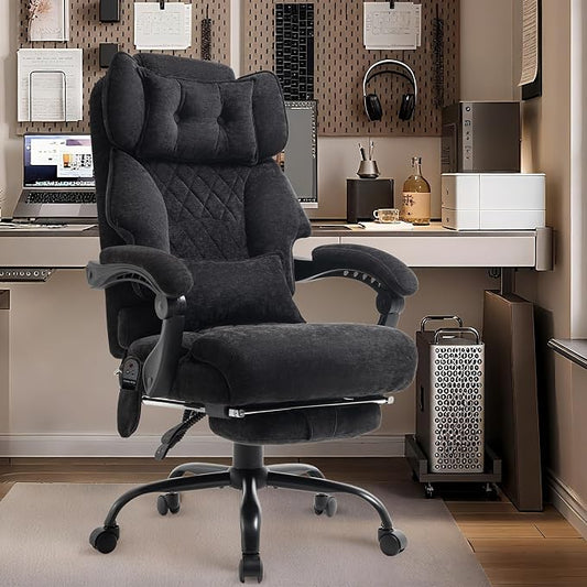 Massage Office Chair with Foot Rest,Kneading & Heat Executive Office Chairs,Big and Tall Fabric Office Chair 500LBS,Ergonomic Desk Chair for Heavy People,Recliner with Dual-Use Pillow,Black