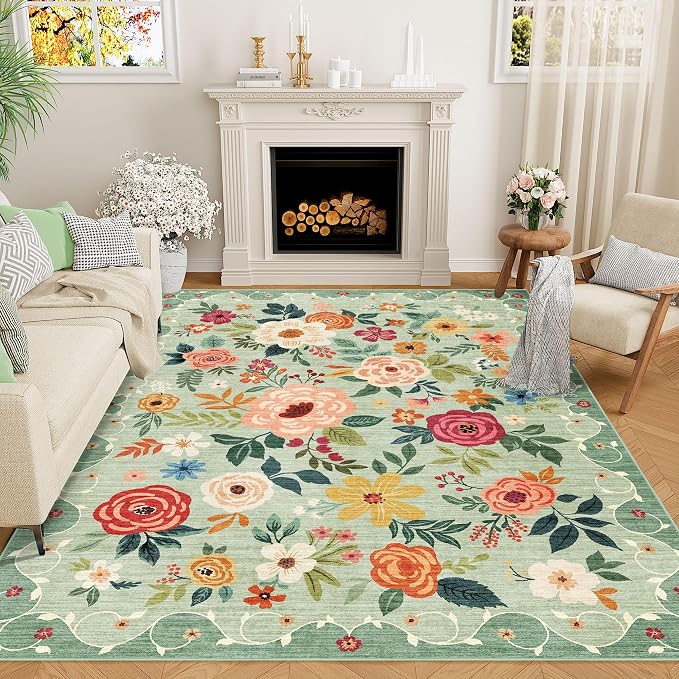DUKINO 6x9 Area Rug, Floral Rugs for Living Room, Lightweight Non Slip Washable Rug, Indoor Low Pile & Non-Shedding Boho Design Rugs for Bedroom, Living Room, Dining Room, Green