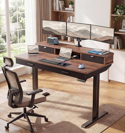 HUANUO 55 x 30 inch Electric Standing Desk with Wood Drawers, Adjustable Height Sit Stand Home Office Desk with Two Tiers, Ergonomic Adjustable Stand up Desk C-Clamp Monitor Mount Compatible, Walnut