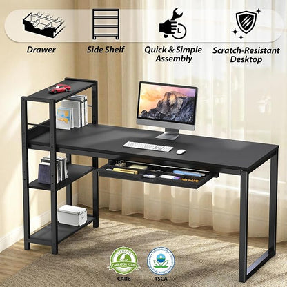 SHW 46-Inch Home Office Mission Computer Desk with Side Shelf and Drawer, Black