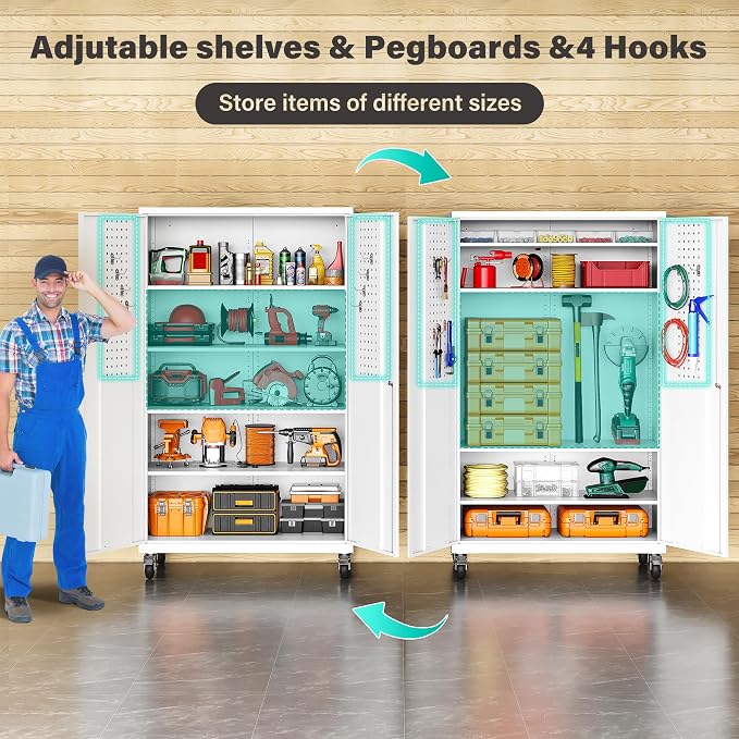 SISESOL Wide & Deep Metal Storage Cabinet with Wheels,Tall Rolling Garage Storage Cabinet with Lock,White Metal Cabinets with Pegboards and Shelves,Tool Locker for Garage,Home,Office,43''Wx 20''Dx71"H