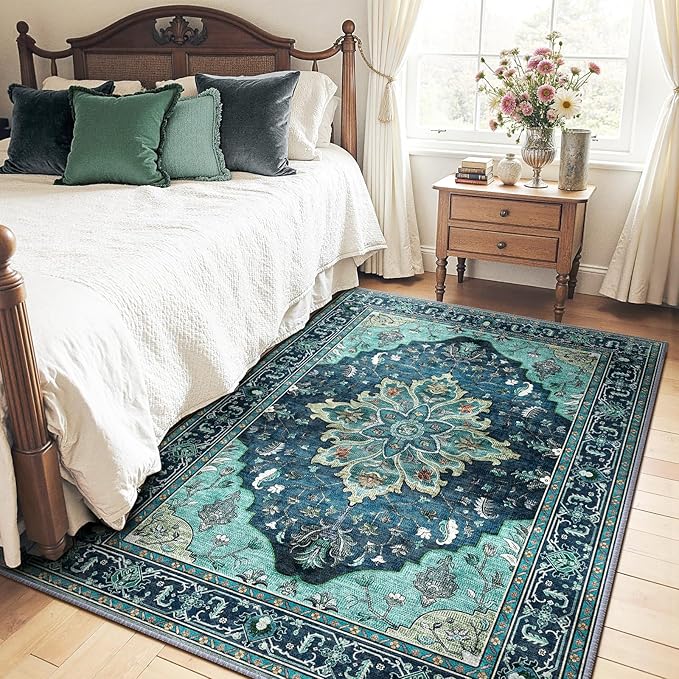 RELEANY Area Rugs 5'x7' Washable Non-Slip, Floral Vintage Distress Medallion Carpet for Living Room Bedroom Dining Room, Teal Green Lake Blue Turquoise