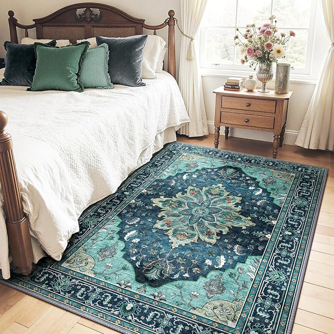RELEANY Area Rugs 4'x6' Washable Non-Slip, Floral Vintage Distress Medallion Carpet for Living Room Bedroom Dining Room, Teal Green Lake Blue Turquoise