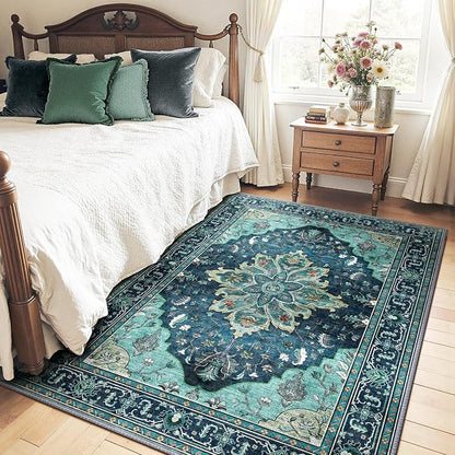 RELEANY Area Rugs 4'x6' Washable Non-Slip, Floral Vintage Distress Medallion Carpet for Living Room Bedroom Dining Room, Teal Green Lake Blue Turquoise